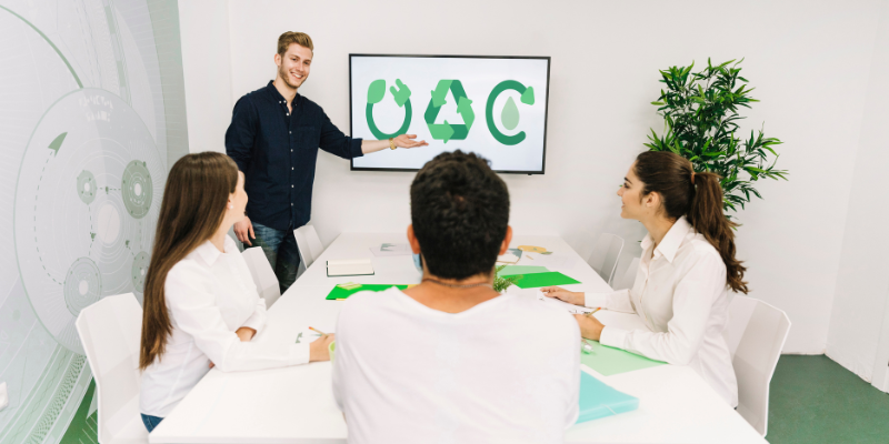 Fotografía stock reunión empresas sostenibilidad ambiental