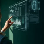 Mujer de espaldas señalando con el dedo una interfaz holográfica transparente